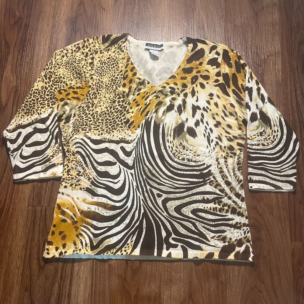 Leslie Fay Blouse Zebra Print V Neck Cotton Pullover Brown Shirt Womens L Cotton